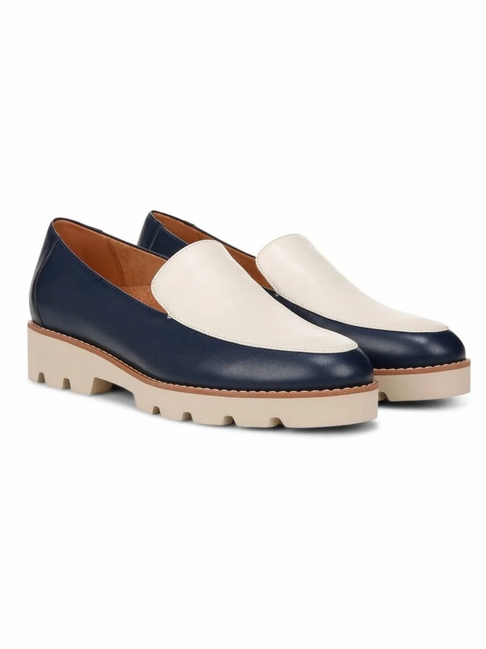 Vionic Kensley Loafer Women’s Size 7 Navy Cream Leather Platform Lug Rubber Sole - Picture 1 of 12